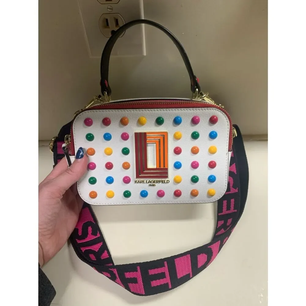 NWT Karl Lagerfeld Simone Crossbody Top Handle – White Multi Stud Logo - Picture 4 of 7